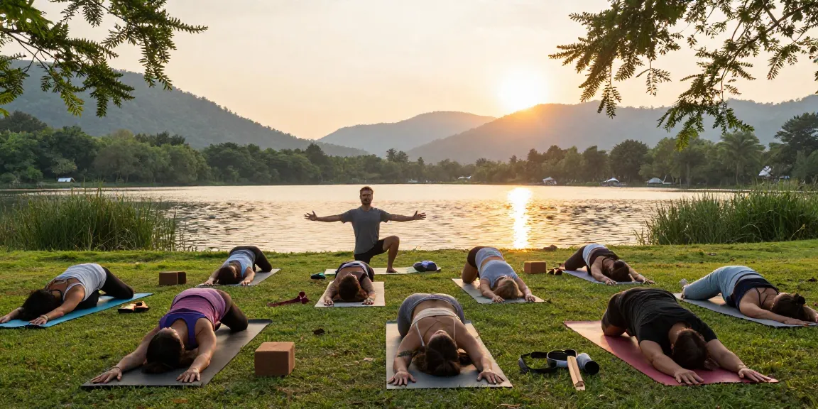Stefan Camilleri yoga teacher guiding students in a serene lakeside setting.