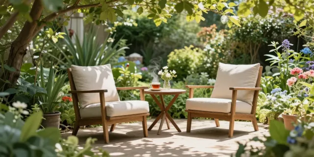 Stylish Charles Taylor companion seats in a tranquil garden setting, perfect for relaxation.