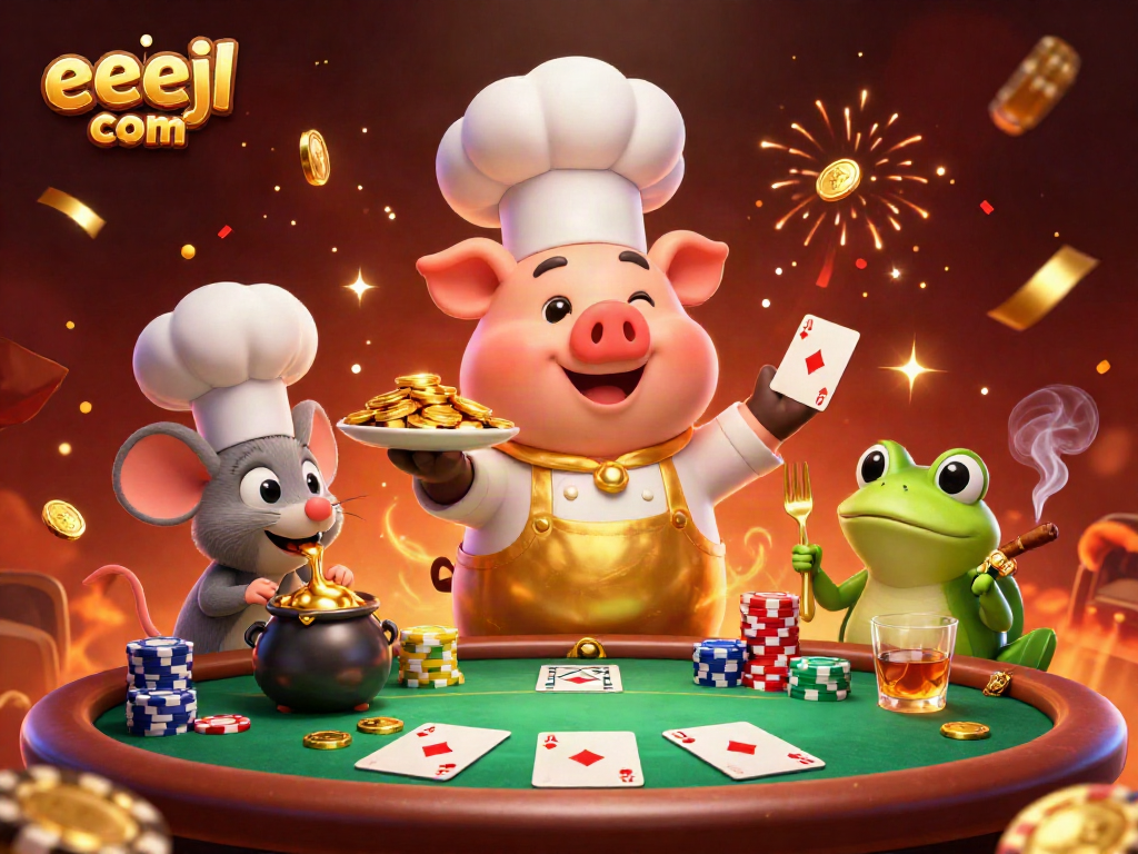 Engage in excitement at eejl com with a vibrant casino banquet showcasing gold coins and characters.