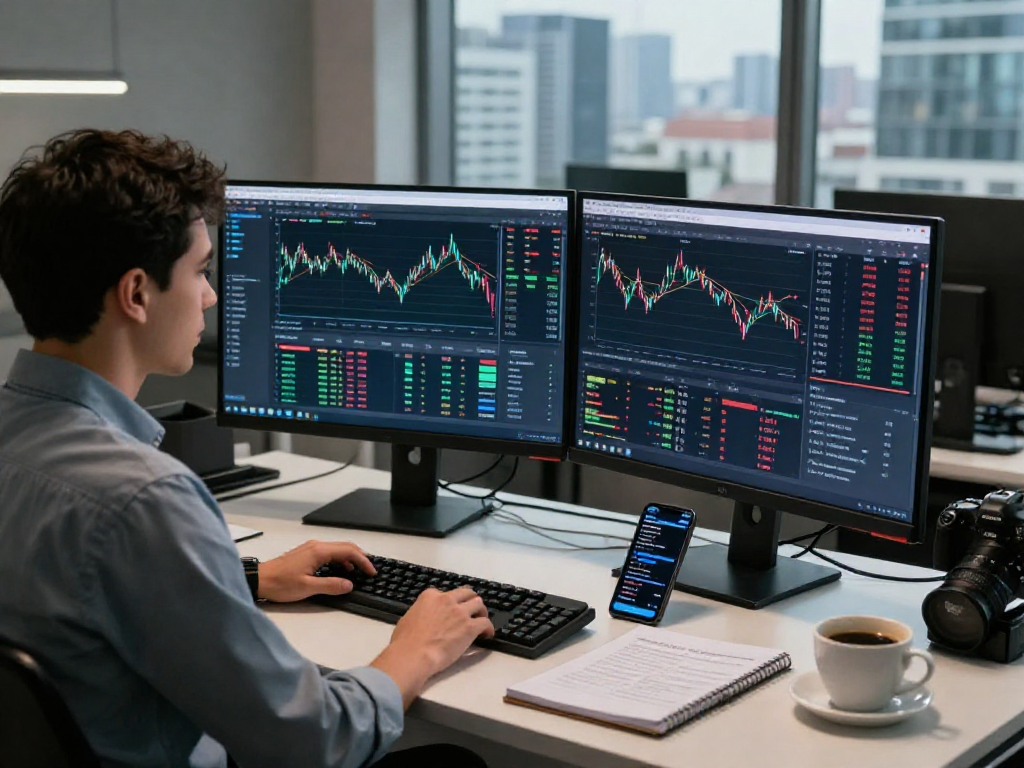 Trader using metatrader 5 on dual screens in a modern office, analyzing financial data.