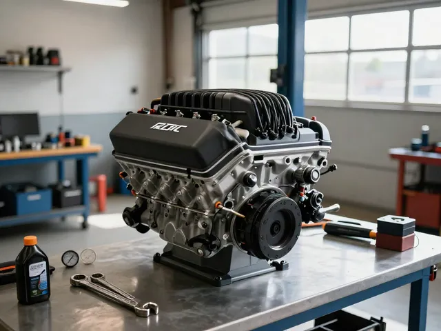 Hellcat motor for sale displayed in a bright automotive workshop, showcasing sleek engineering.
