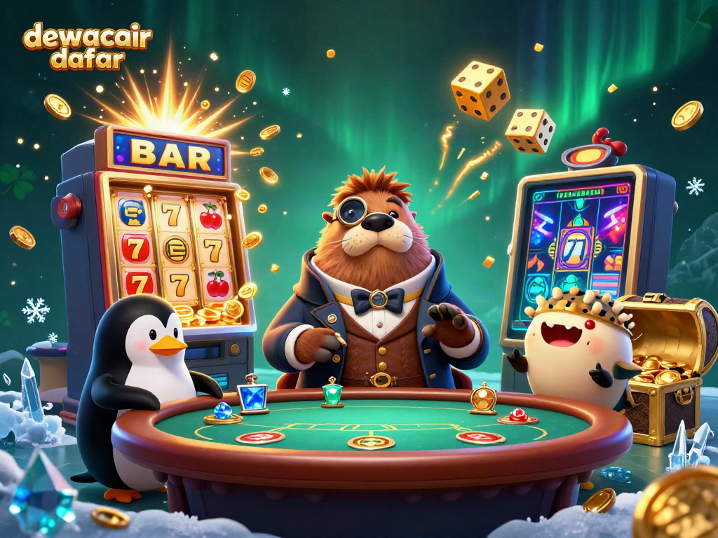 Experience thrilling action at dewacair daftar, with a jovial walrus playing poker underwater amidst vibrant casino elements.