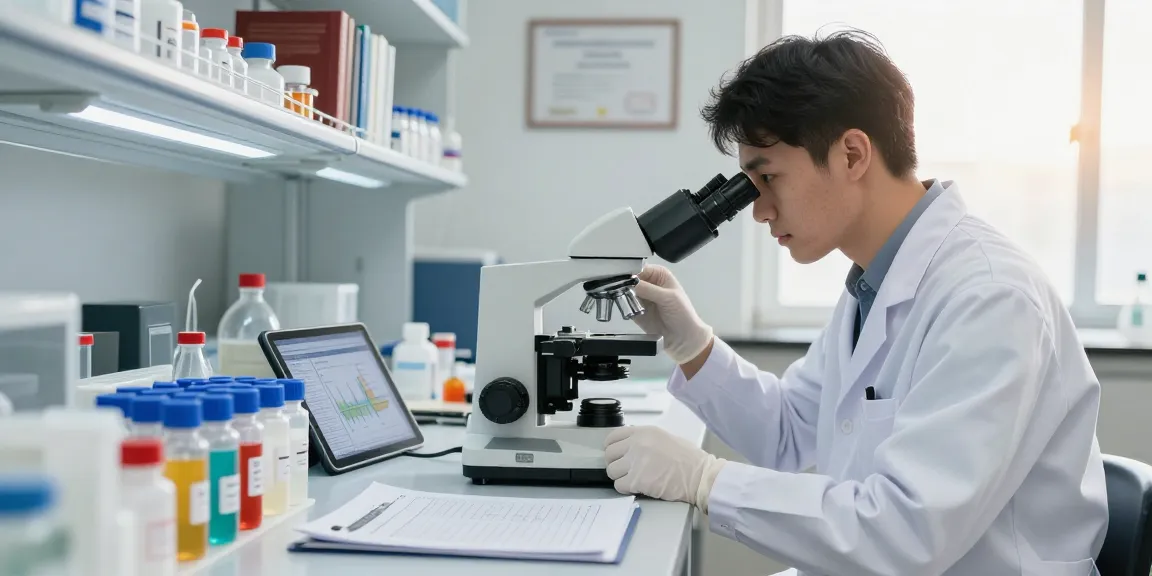 SwissChems researcher analyzing peptides in a modern lab environment.