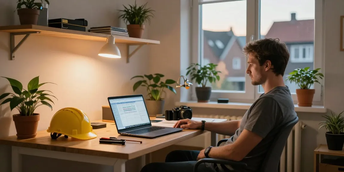 Bequeme Monteurzimmer in Hannover mit entspannendem Handwerker, Laptop und Werkzeugen.