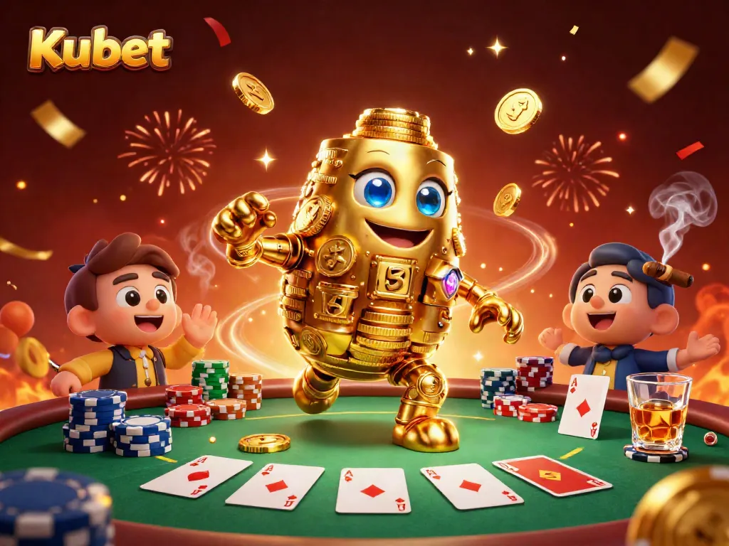 Experience the excitement of Kubet casino with lavish gold golem character amid vibrant poker elements.