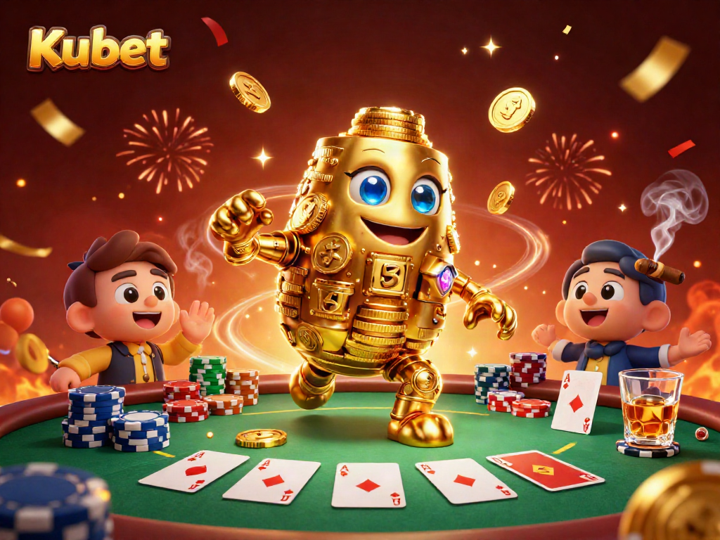 Experience the excitement of Kubet casino with lavish gold golem character amid vibrant poker elements.