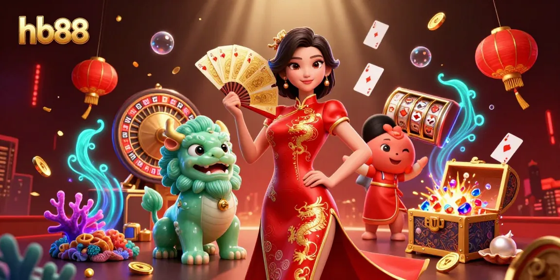 Join the excitement at hb88 with an elegant woman presenting golden cards surrounded by vibrant casino elements.