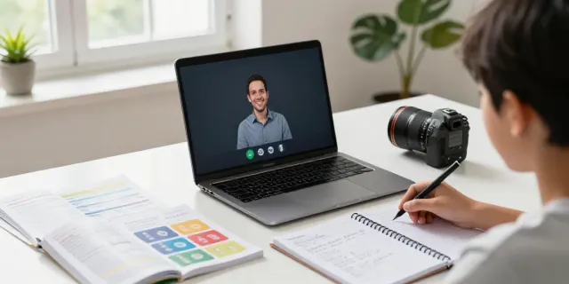 Situs toto interactive English learning setup with a student at a laptop, engaging in virtual classes.