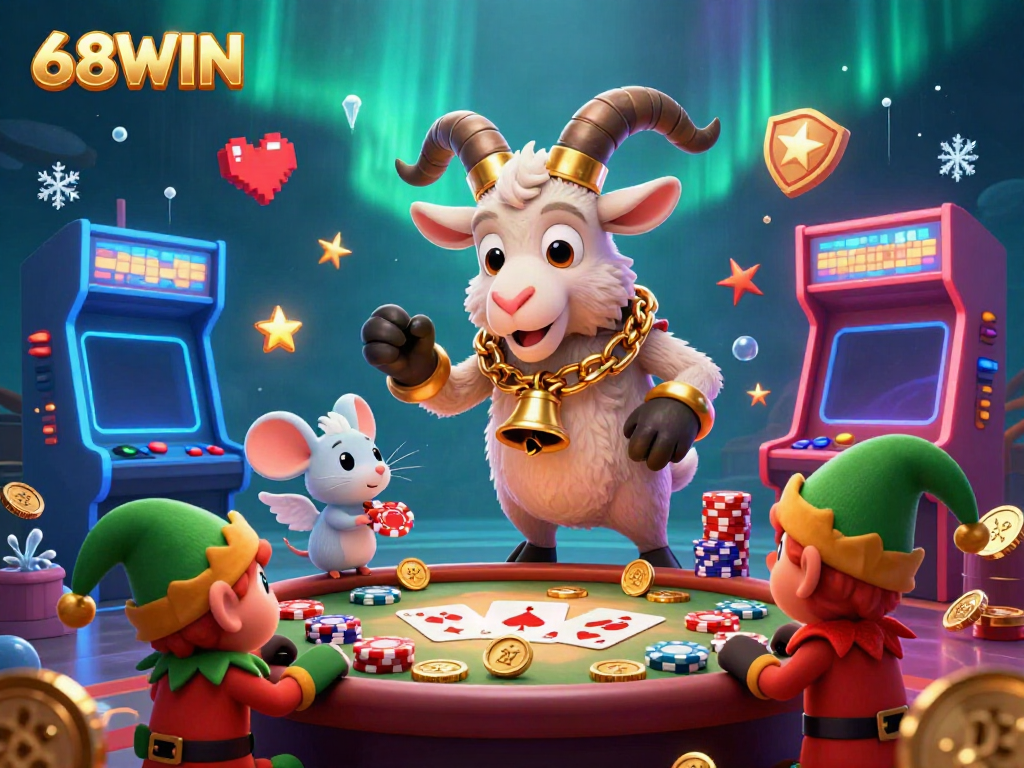 Experience the thrilling world of 68WIN with cartoon characters navigating a vibrant casino scene, showcasing festive elements.