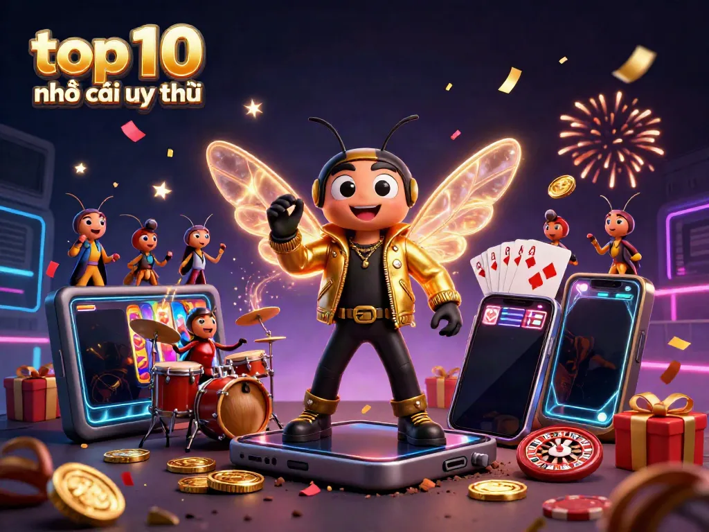 Engage with the top 10 nhà cái uy tín at this vibrant casino celebration scene featuring energetic cartoon characters.