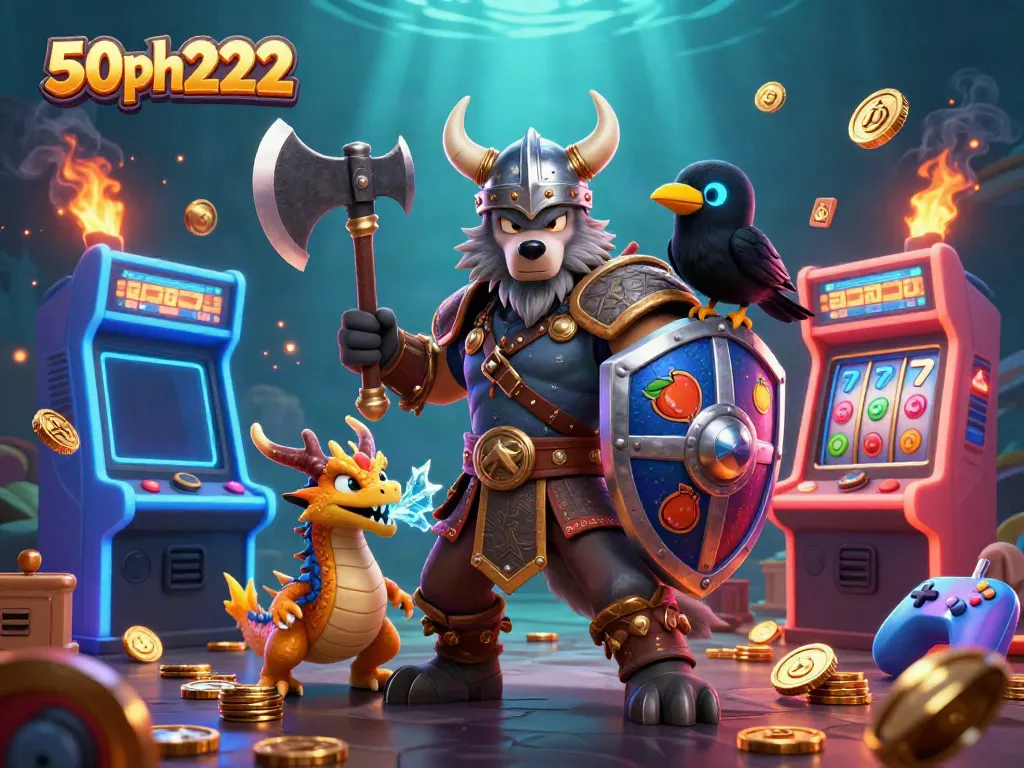 Engage in thrilling slot games with the energetic 50ph222 characters in a vibrant casino ambiance.