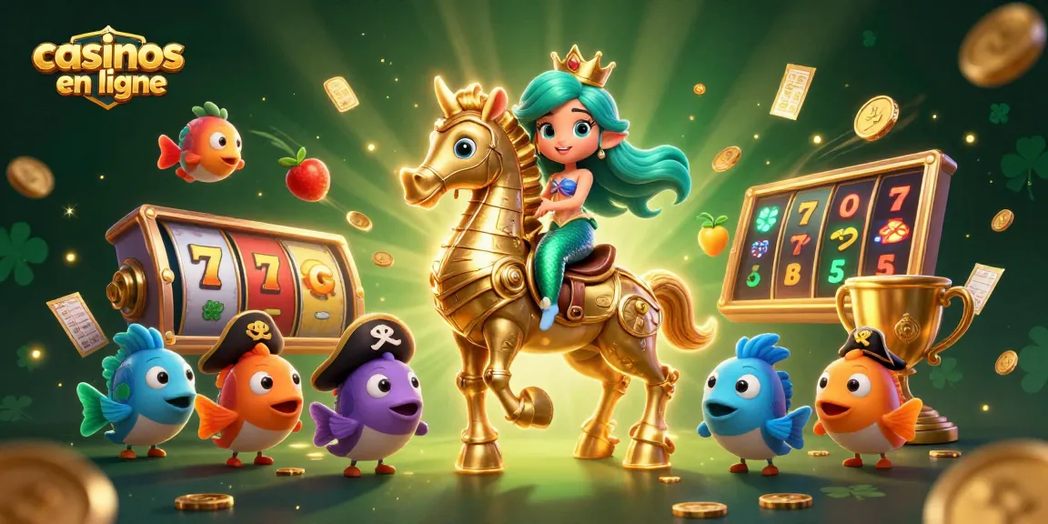 Création visuelle captivante représentant des casinos en ligne avec personnages de jeu, machines à sous et éléphants d'or.