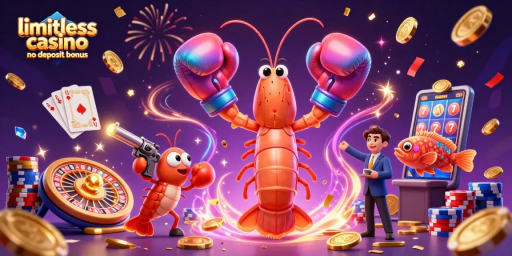 Play with limitless casino no deposit bonus in a vibrant cartoon scene featuring themed casino elements.