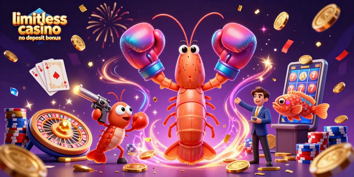 Play with limitless casino no deposit bonus in a vibrant cartoon scene featuring themed casino elements.