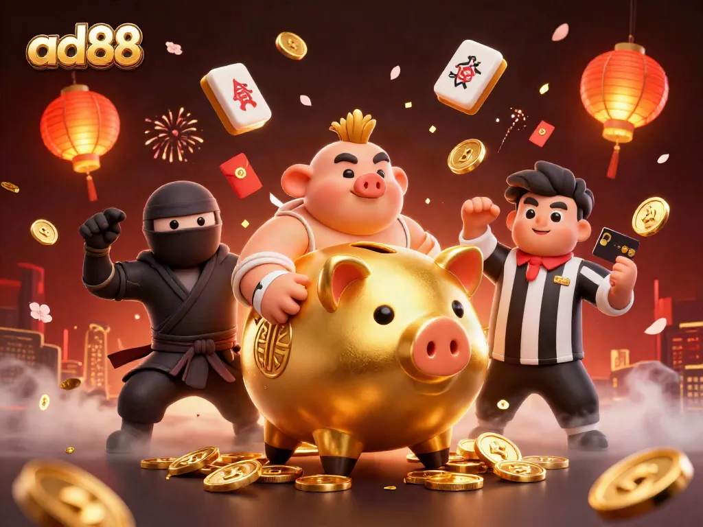 Win exciting prizes at ad88 with the golden piggy bank sumo wrestler and dynamic casino elements.