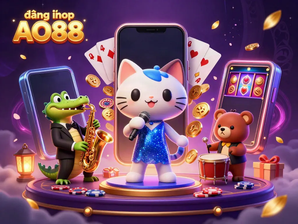 Experience fun with đăng nhập AO88 featuring a jazz-singer cat, crocodile, and bear cub surrounded by casino elements.