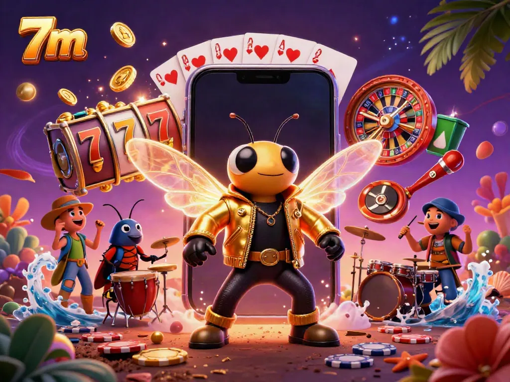 Engage with the exciting 7m gaming experience featuring a rock star, beetle drummer, and vibrant slot game elements.