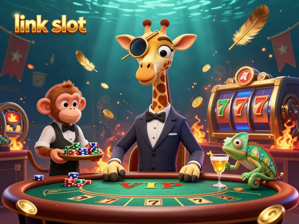 Engage with link slot at a luxurious casino featuring a giraffe, monkey, and chameleon in a vibrant scene.