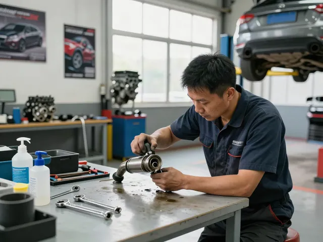 Mechaniker beim dpf reinigen in einer gut beleuchteten Werkstatt mit Werkzeugen und Fahrzeugteilen.