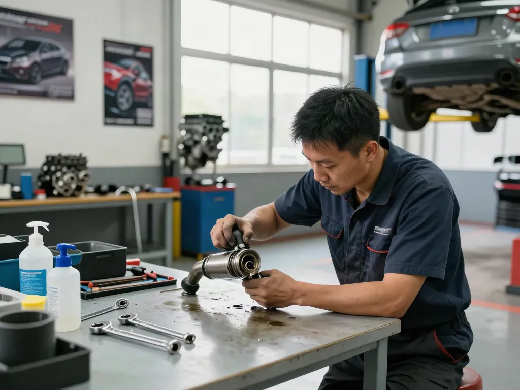 Mechaniker beim dpf reinigen in einer gut beleuchteten Werkstatt mit Werkzeugen und Fahrzeugteilen.