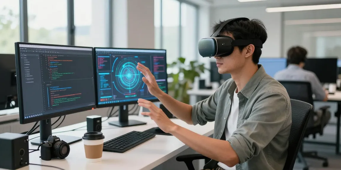 Tech enthusiast wearing AR glasses interacting with digital interface in a modern workspace