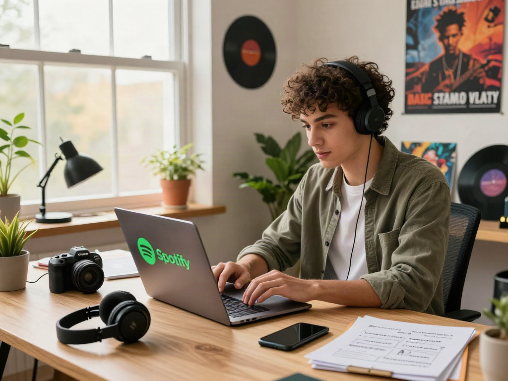 Young professional exploring spotify mod on a laptop in a cozy, creative home office.