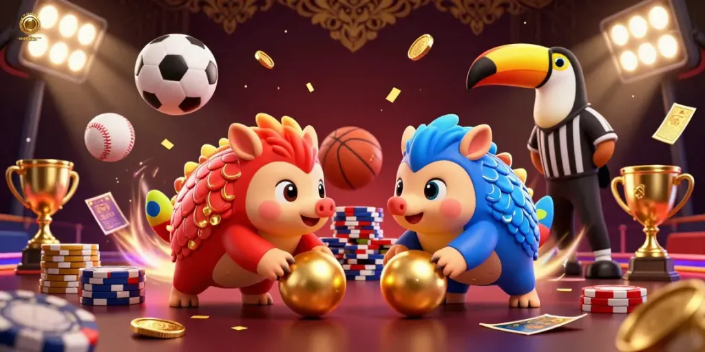 Experience dynamic action in online casino games Australia with rival pangolins competing amidst vibrant casino elements.