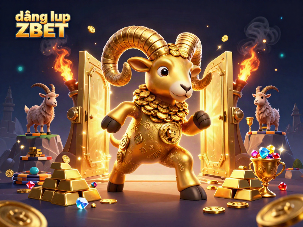 Immerse in the excitement of đăng nhập ZBET with a golden ram at a treasure-filled casino gate, vibrant and dynamic.