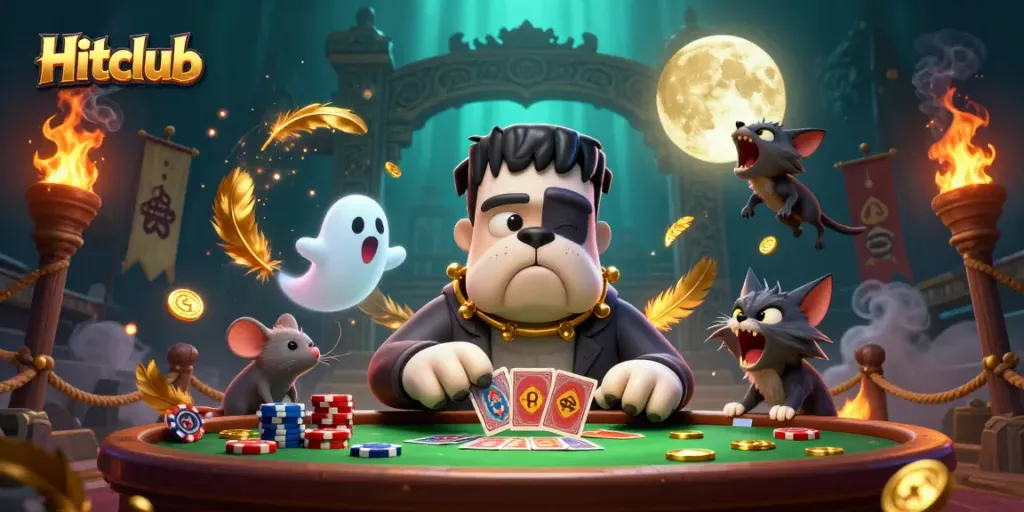 Hitclub players engage with a lively scene of card games and mythical characters in a colorful casino setup.