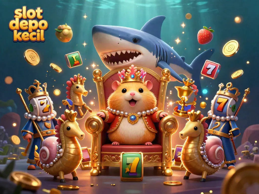 Experience the excitement of slot depo kecil with a vibrant 3D scene featuring a golden hamster king and dynamic slot symbols.