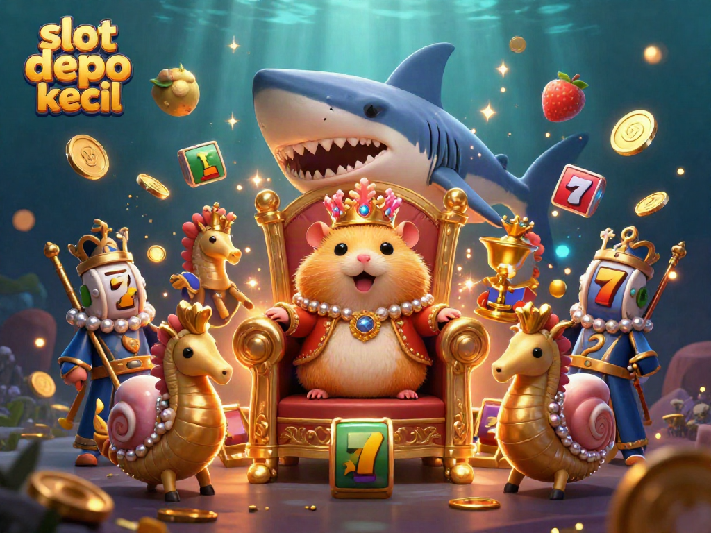 Experience the excitement of slot depo kecil with a vibrant 3D scene featuring a golden hamster king and dynamic slot symbols.