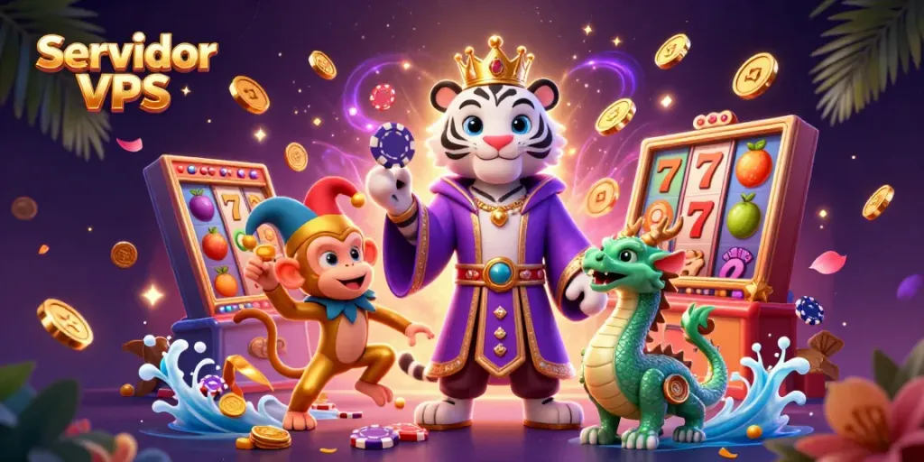 Experience gaming excitement with Servidor VPS, featuring vibrant casino characters and slot imagery.
