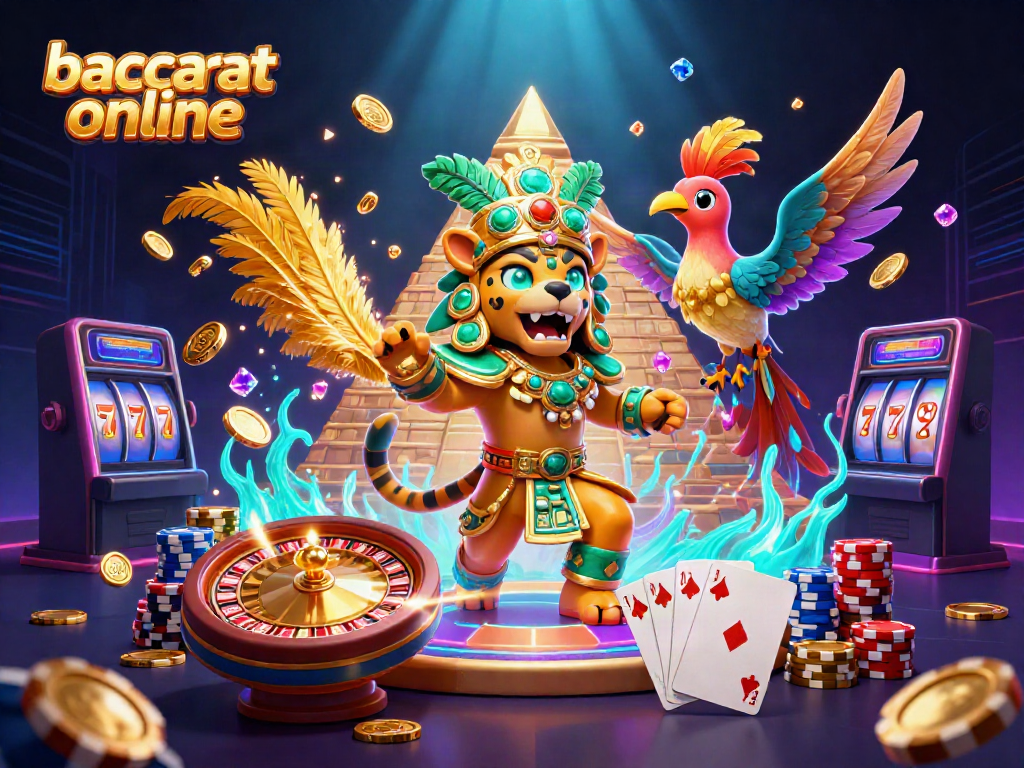 Experience baccarat online with an enchanting 3D scene featuring a Mayan priest and exciting casino elements.