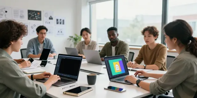 Team using an online AI article illustration generator in a modern office setting.