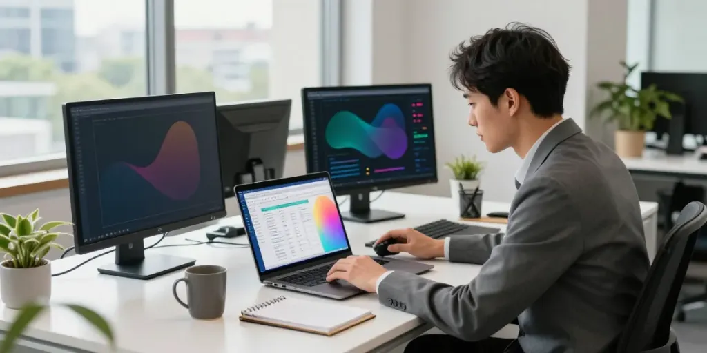 Using tax software for new tax business in a bright office setting.