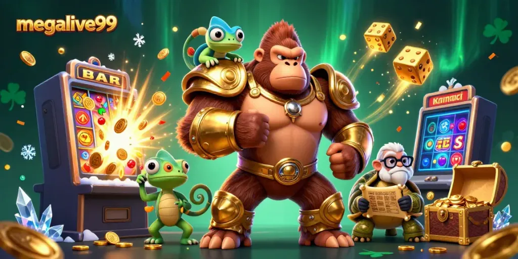 Permainan megalive99 dengan karakter gorila kuat dan mesin slot mengeluarkan jackpot berlimpah.