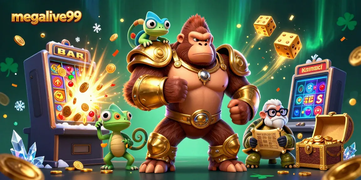 Permainan megalive99 dengan karakter gorila kuat dan mesin slot mengeluarkan jackpot berlimpah.