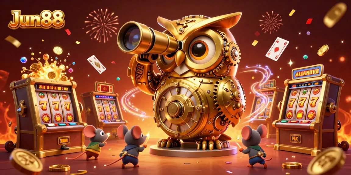 Experience the vibrant casino scene with Jun88's immersive 3D illustration featuring lively characters among jackpot games.
