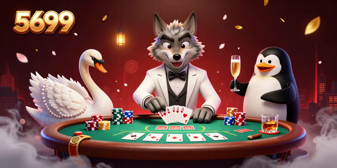 Engage with 5699’s vibrant casino scene featuring a debonair wolf, elegant swan, and sophisticated penguin.