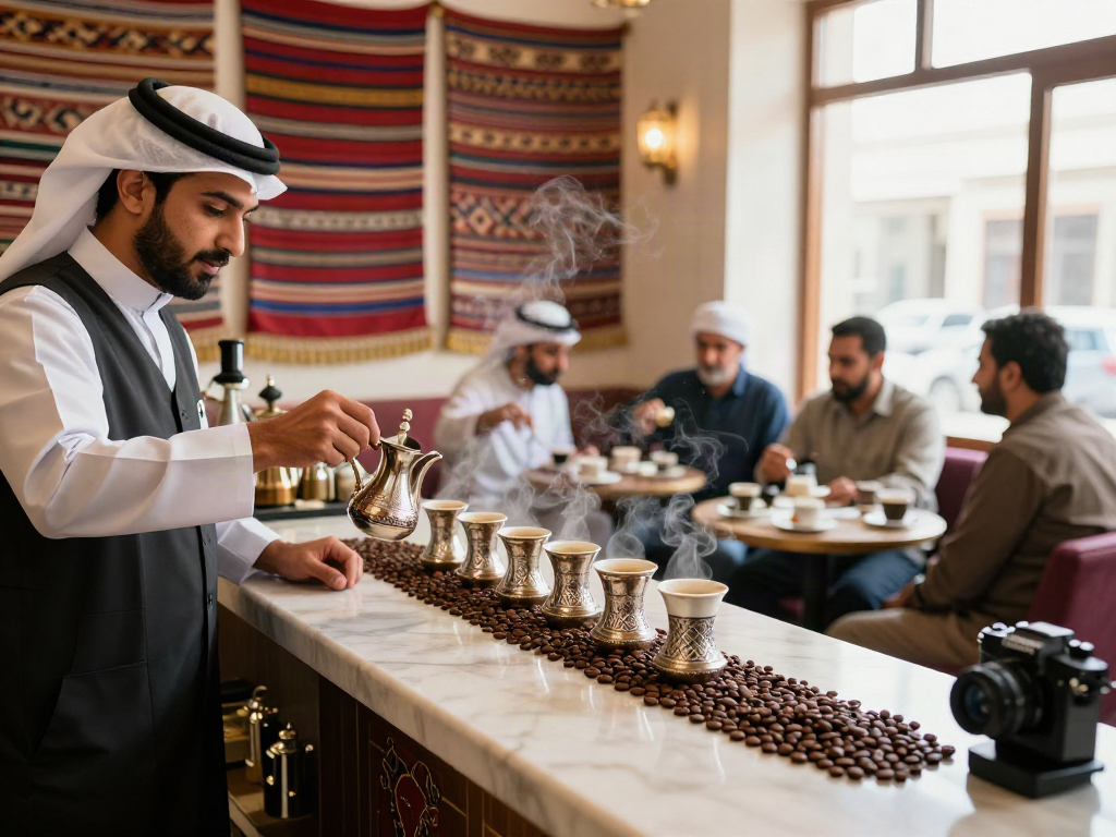 قهوة وصبّابين الرياض في مقهى تقليدي بالرياض مع قهوة عربية لطيفة.