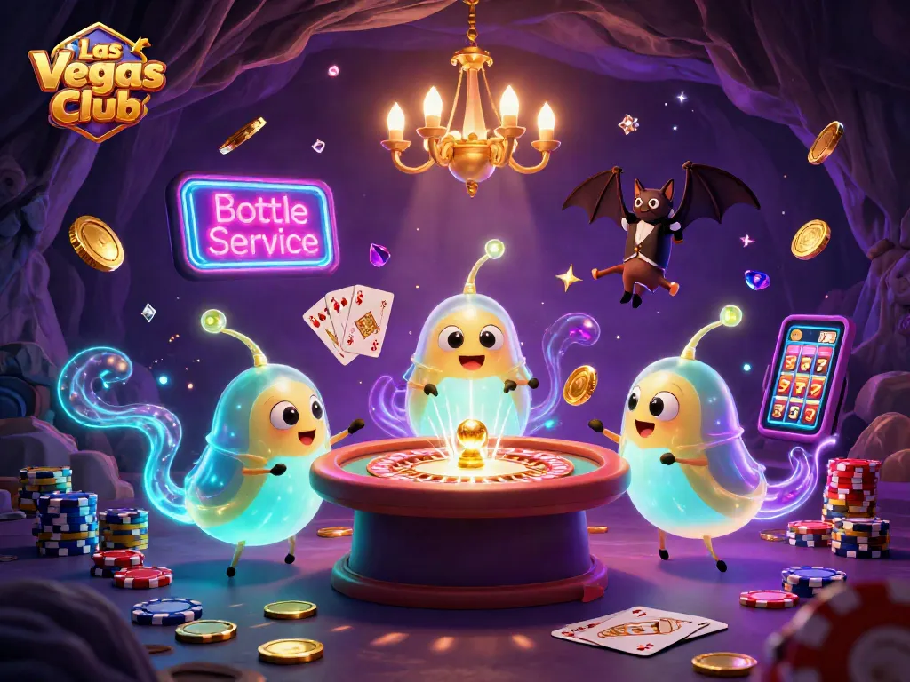 Experience Las Vegas Club Bottle Service with a vibrant casino scene showcasing glowworms and a bat dealer.