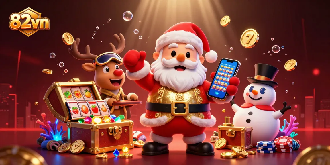 Spin the reels with 82vn's vibrant casino scene featuring jackpot slots and festive characters.