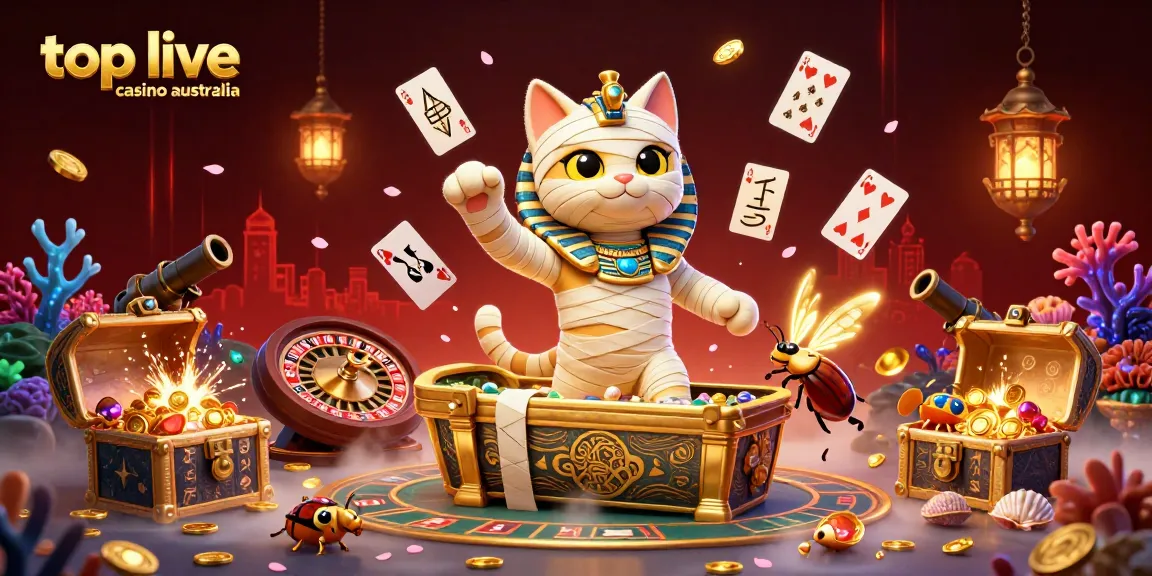 Experience the excitement of the top live casino Australia with a 3D Egyptian mummy cat and glowing scarab beetle.