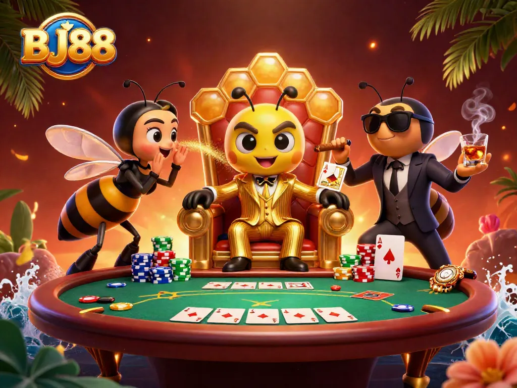 BJ88 gambling experience with lively characters in a 3D casino scene, showcasing poker elements and excitement.