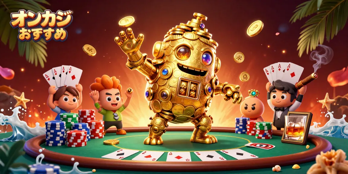 オンカジ おすすめで遊ぶカジノスタイルのシーンを彩る黄金のゴーレムとポーカー要素が満載のイラスト