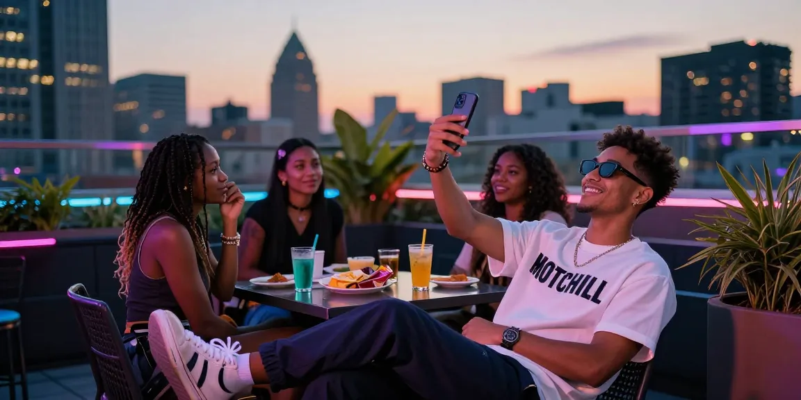 Motchill lifestyle scene with a stylish person enjoying an urban rooftop gathering.