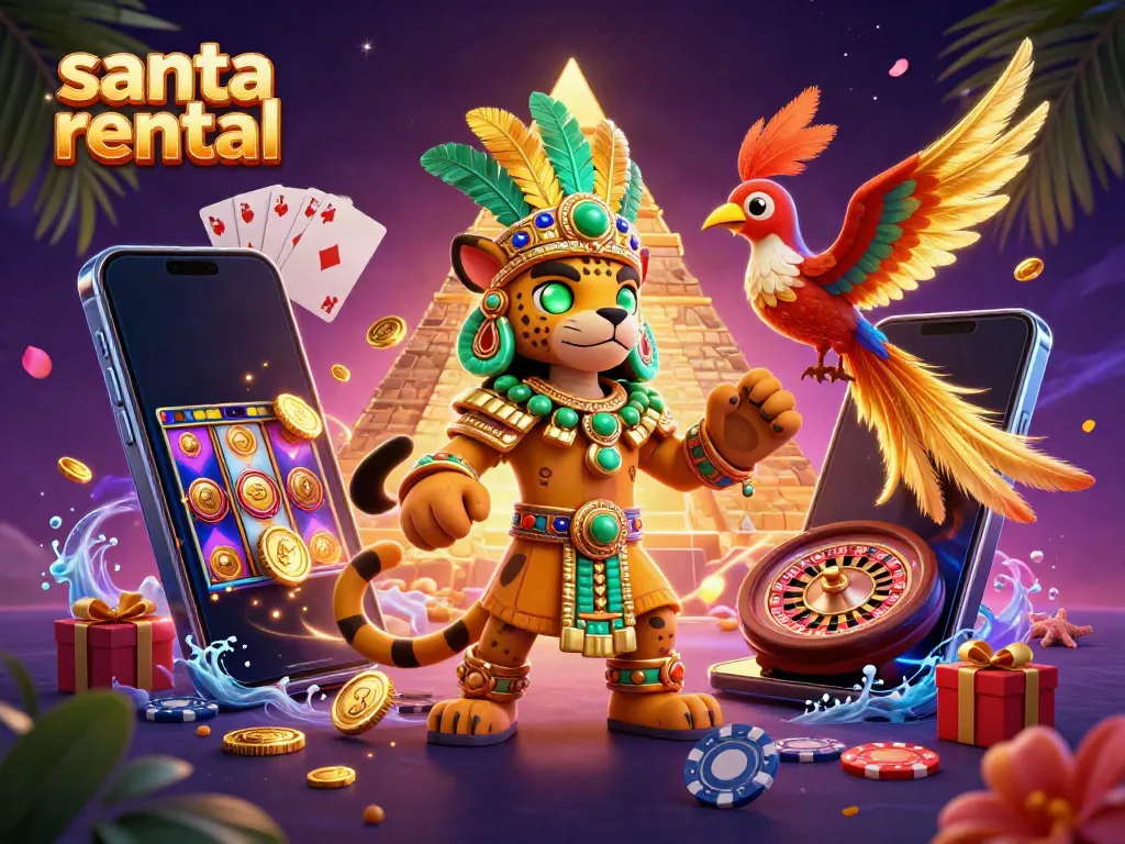 Exciting scene depicting a dynamic digital casino with a Santa rental theme, featuring vibrant slot game elements.