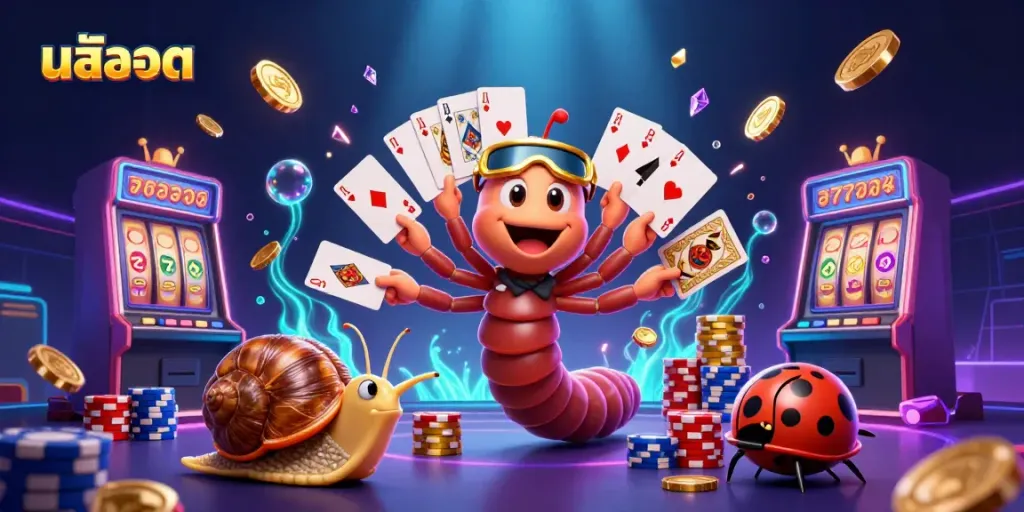 Experience the thrill of สล็อต with a vibrant scene featuring animated characters and casino elements.
