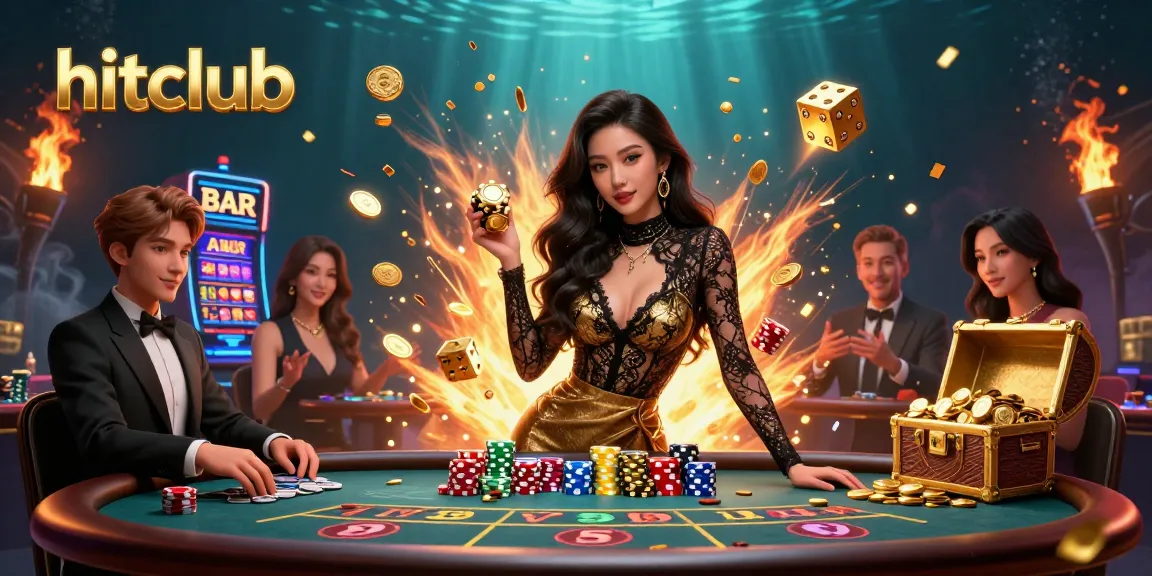 Hitclub showcases a glamorous Asian woman at a VIP baccarat table with vibrant casino elements.