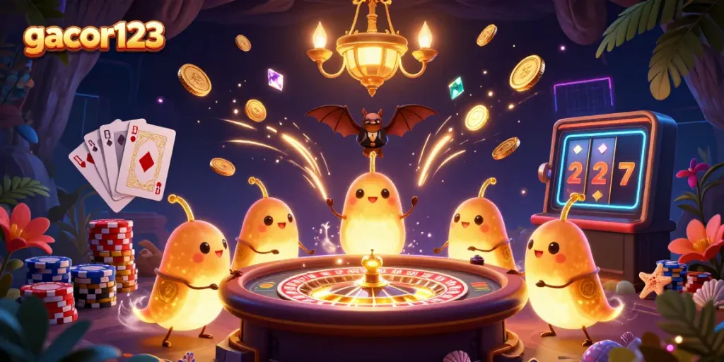 Experience the excitement of gacor123 with a vibrant 3D casino scene featuring glowworms and a bat dealer.